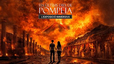 Un cartel publicitario presenta una pareja contemplando la destrucción de una ciudad antigua, con un volcán en erupción al fondo. El cielo rojizo y las ruinas sugieren un evento catastrófico, mientras que el título de la exposición se destaca en la parte superior. Un cartel publicitario presenta una pareja contemplando la destrucción de una ciudad antigua, con un volcán en erupción al fondo. El cielo rojizo y las ruinas sugieren un evento catastrófico, mientras que el título de la exposición se destaca en la parte superior.