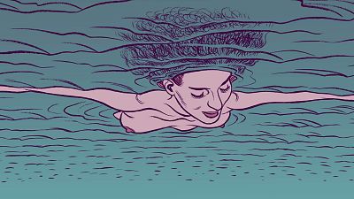Mujer nadando, rostro y torso desnudos visibles, cabello oscuro flotando en agua verde azulada. Ilustración estilo cómic, expresión serena. Mujer nadando, rostro y torso desnudos visibles, cabello oscuro flotando en agua verde azulada. Ilustración estilo cómic, expresión serena.