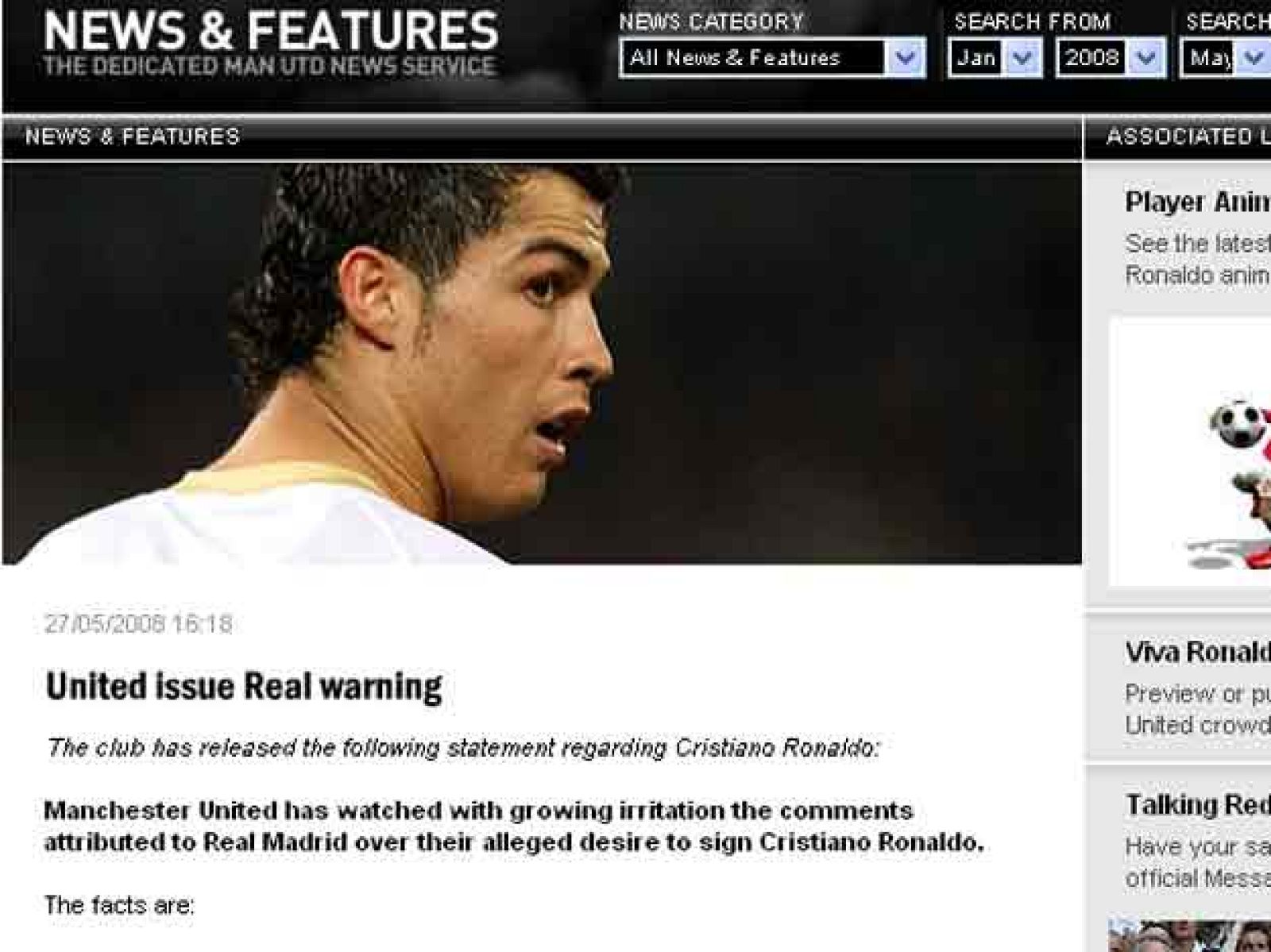 El Manchester United amenaza al Madrid. El club inglés estudia demandar a los blancos si persisten en fichar a su astro portugués.