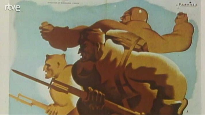 Un cartel de propaganda republicana, en tonos ocres y marrones, muestra tres figuras humanas con rifles y bayonetas, evocando el realismo socialista, sobre un fondo celeste.