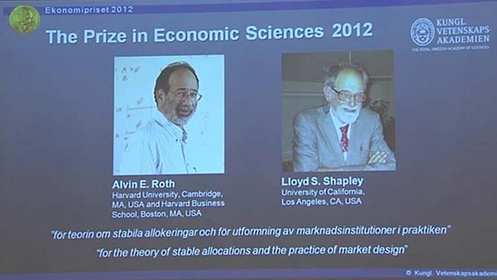 Los estadounidenses Roth y Shapley, premiados con el Nobel de Economía 2012