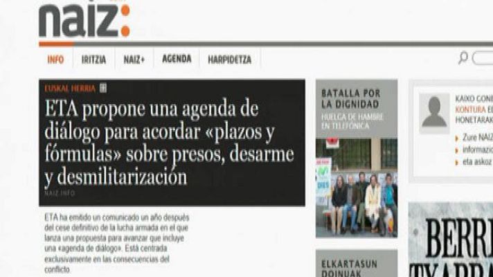 Telediario 1 - ETA ofrece su final a cambio de un acuerdo sobre "presos, desarme y desmilitarización"