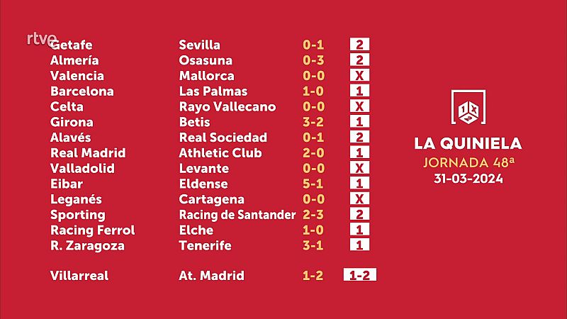 Sorteo de la Quiniela del 02/04/2024 - Jornada 48 - ver ahora