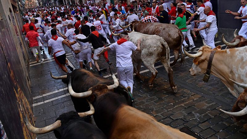 Largo y multitudinario primer encierro de San Fermn con dos toros de La Palmosilla rezagados en la plaza