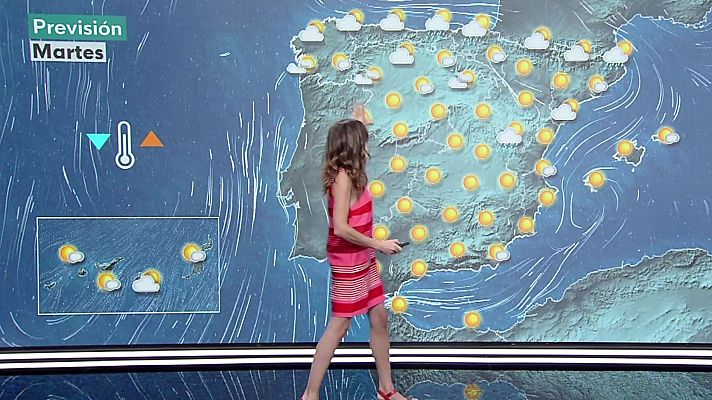 El tiempo - Temperaturas máximas por encima de 35 grados en amplias zonas del tercio este peninsular, Guadalquivir, Málaga, Mallorca y sures de las islas Canarias centrales, incluso de los 40 en los bajos Júcar, Segura y Ebro