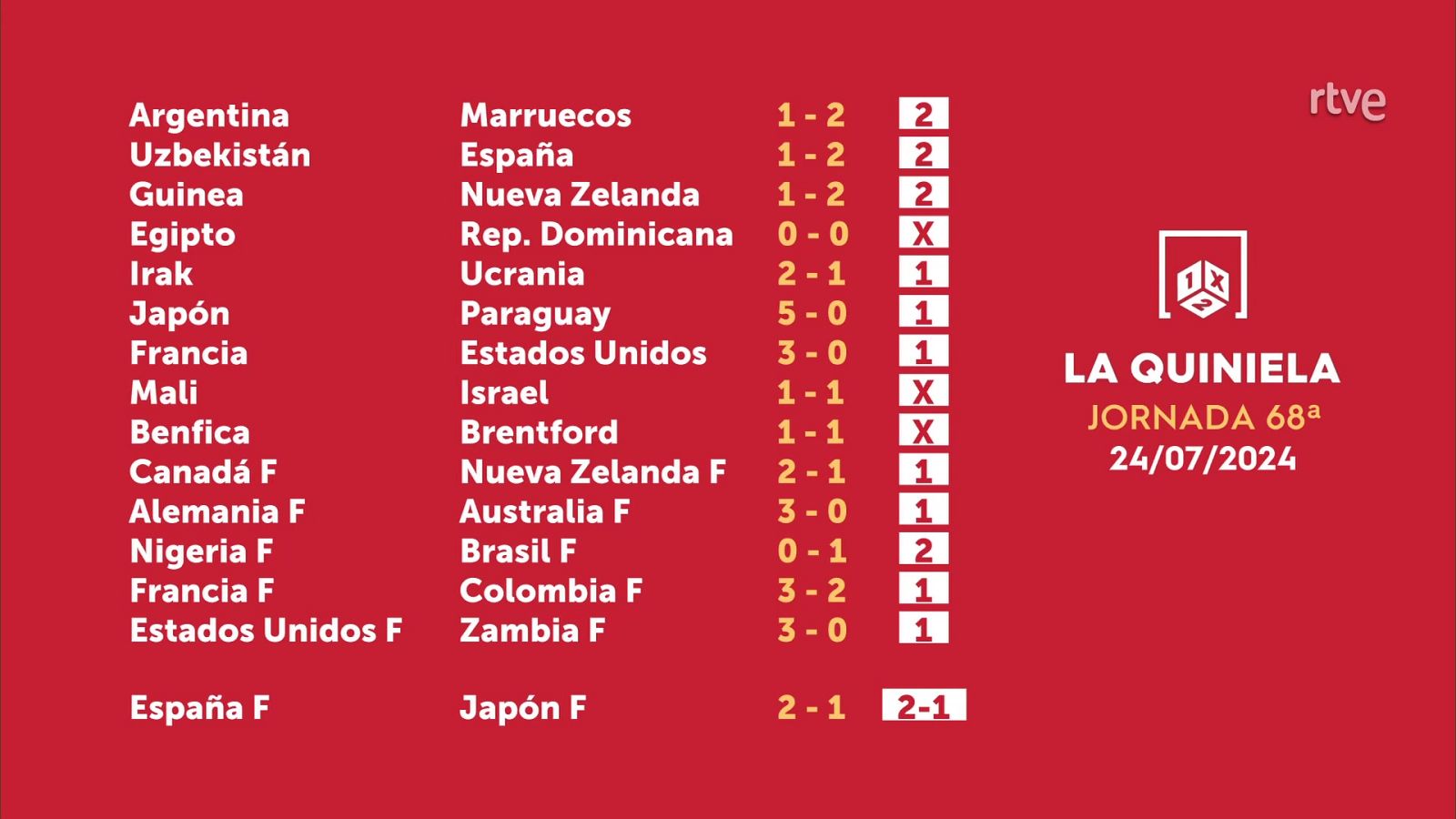 Sorteo de la Quiniela del 26/07/24 - Jornada 68 - ver ahora