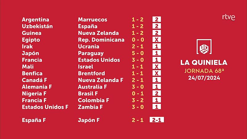 Sorteo de la Quiniela del 26/07/24 - Jornada 68 - ver ahora