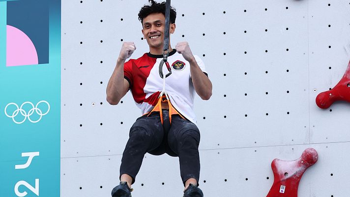Escalada deportiva JJOO Paris 2024 - Escalada + velocidad (M): El indonesio Leonardo se lleva una final de récord