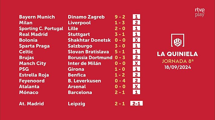 Loterías - Sorteo de la Quiniela del 20/09/2024 - Jornada 8