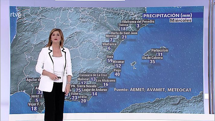 El tiempo - Precipitaciones fuertes y persistentes, con tormenta, en mediterráneo y Baleares, Málaga, Granada y Baleares
