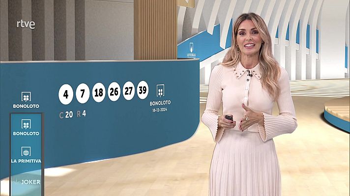 Presentadora de RTVE anuncia los números ganadores de la Bonoloto: 4, 7, 18, 26, 27, 39.  Complementario: 20, Reintegro: 4.