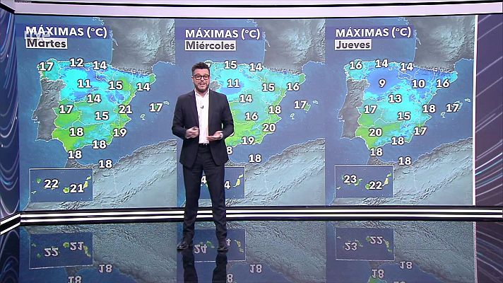 El tiempo - Viento fuerte con rachas muy fuertes en el Cantábrico, Pirineos, Ampurdán, entorno del bajo Ebro, Baleares, Estrecho y Canarias.