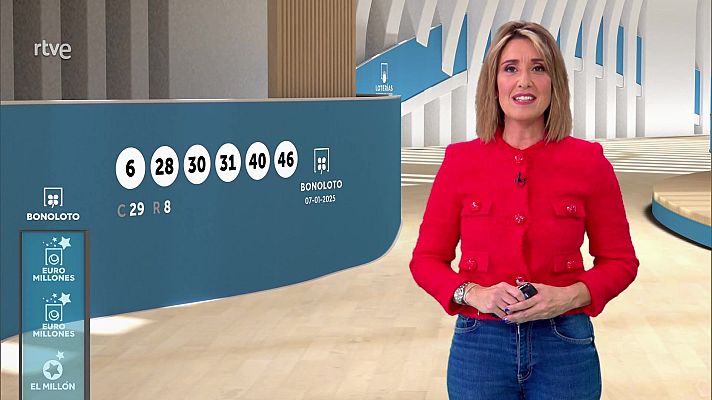 Presentadora de RTVE anuncia los números ganadores de la Bonoloto (7/1/2025): 6, 28, 30, 31, 40, 46.  Complementario: 29. Reintegro: 8.
