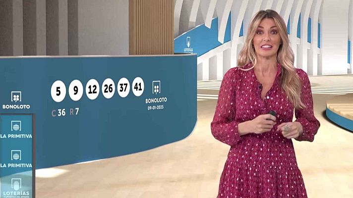 Sorteo Bonoloto 09/01/2025: 5, 9, 12, 26, 37, 41. Complementario: 36. Reintegro: 7. Presentadora anuncia resultados en televisión.