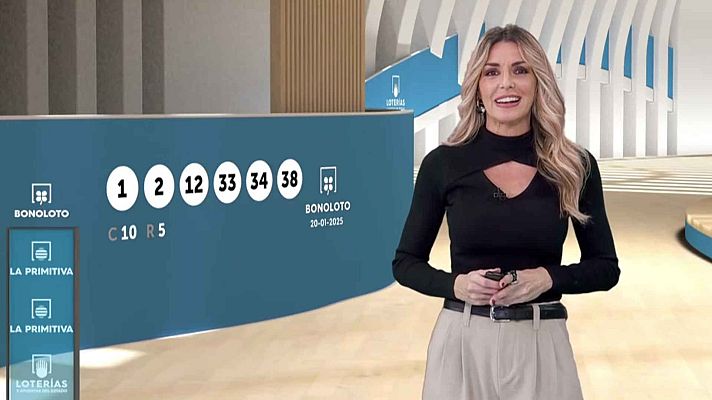 Resultados Bonoloto 20/01/2025: 1, 2, 12, 33, 34, 38. Complementario: 10. Reintegro: 5. Presentadora anuncia los números.