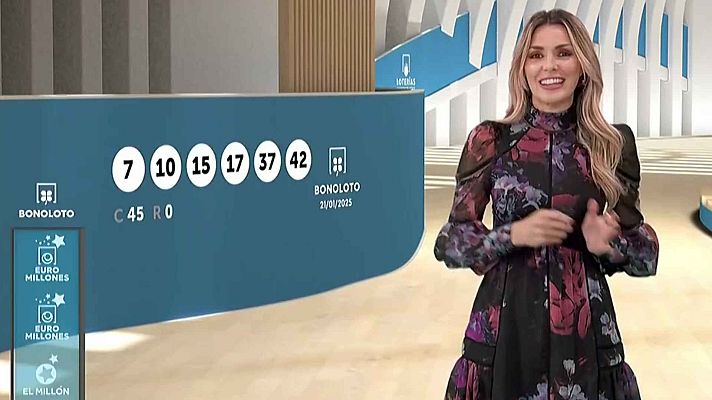 Sorteo Bonoloto 21/01/2025: 7, 10, 15, 17, 37, 42. Complementario: 45. Reintegro: 0. Presentadora anuncia resultados.