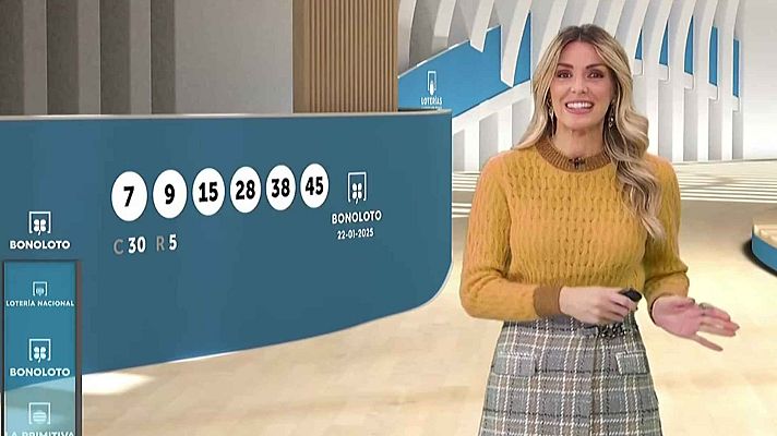 Resultados Bonoloto 22/01/2025: números ganadores, complementario y reintegro.  Imagen con presentadora y logotipos de Loterías y Apuestas del Estado.