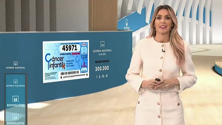 Anuncio del Primer Premio (300.000€) de la Lotería Nacional, sorteo del 23-06-2005, para la causa del Cáncer Infantil.  Se muestra el boleto ganador y la presentadora.