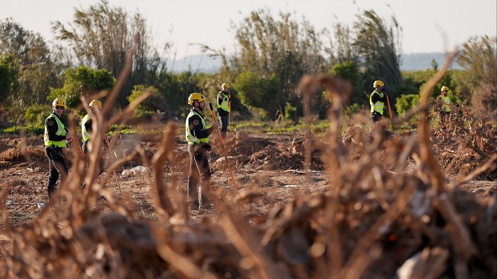 Equipo de rescate busca entre escombros con varas largas en zona inundada.  Continúan los esfuerzos de búsqueda de desaparecidos tras un desastre natural.