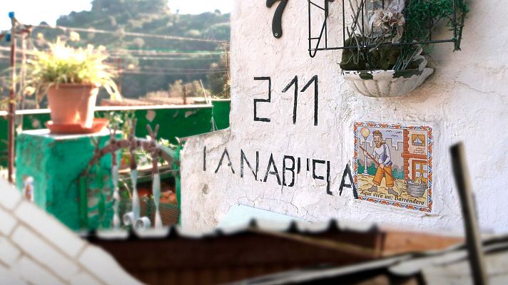 Fachada de casa con el número 211 y el nombre IANABUELA. Azulejo con figura de barrendero y texto \"Aquí vive un barrendero\". Planta en maceta en primer plano.