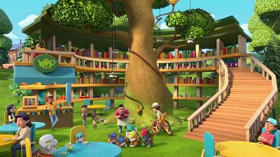 Biblioteca en espiral alrededor de un árbol, con mesas, sillas, puesto de té y cachorros. Escena colorida y alegre al aire libre.
