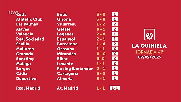 Loterías - Sorteo de la Quiniela del 11/02/2025 - Jornada 41
