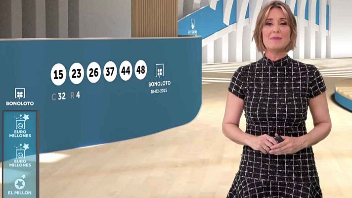 Resultados Bonoloto 18/02/2025: 15, 23, 26, 37, 44, 48. Complementario: 32. Reintegro: 4. Presentadora de TV mostrando los números.