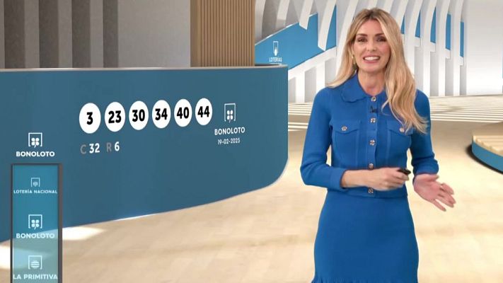 Presentadora en plató anuncia resultados Bonoloto (19/02/2025): 3, 23, 30, 34, 40, 44. C: 32. R: 6.