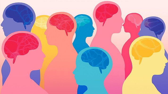Perfiles de cabezas multicolores con cerebros internos, representando diversidad y salud mental.