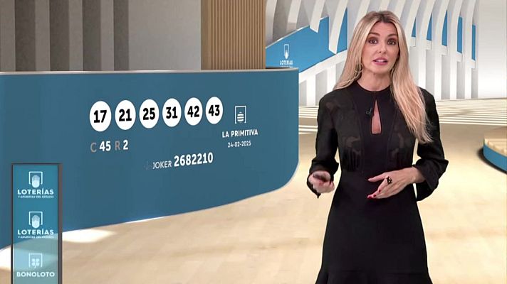 Sorteo Primitiva 24/02/2025: Números ganadores 17, 21, 25, 31, 42, 43. Complementario: 45. Reintegro: 2. Presentadora en estudio de TV.