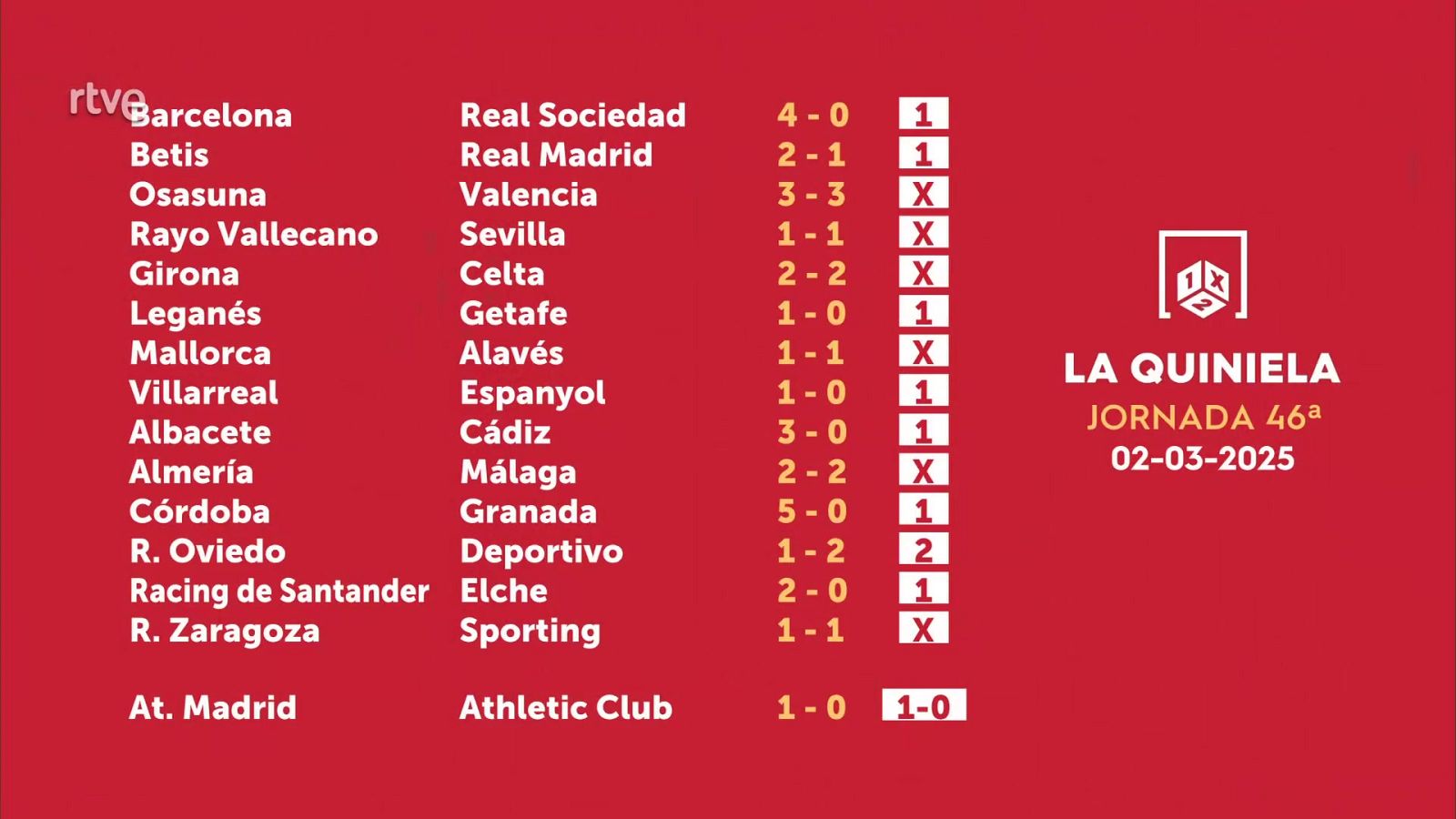 Sorteo de la Quiniela del 05/03/2025 - Jornada 46 - ver ahora
