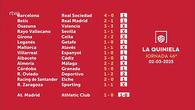 Sorteo de la Quiniela del 05/03/2025 - Jornada 46 - ver ahora
