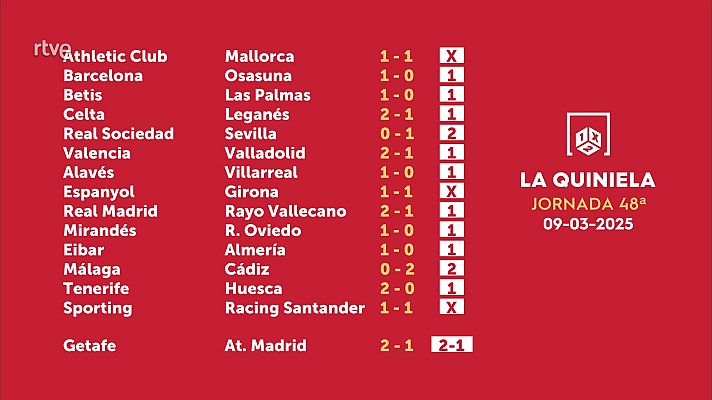 Loterías - Sorteo de la Quiniela del 11/03/2025 - Jornada 48