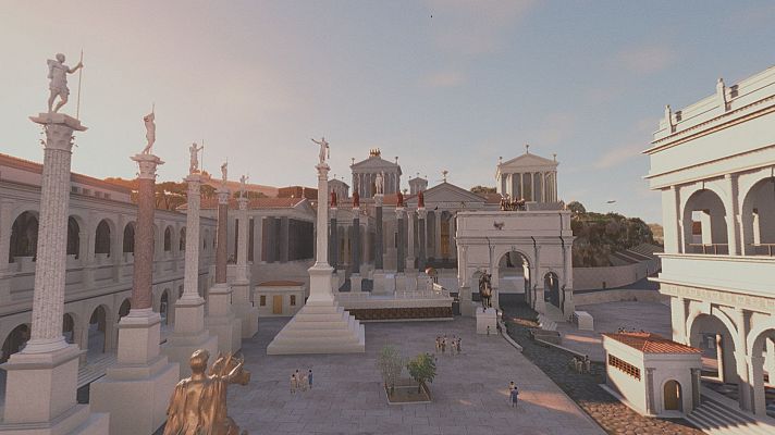 Recreación de una plaza romana con columnas, arco de triunfo y edificios, mostrando la escala con figuras humanas.  Vista previa del documental \"Somos Doc Ingeniería Romana\", que explora la ingeniería romana.