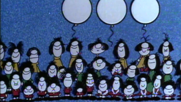 Caricaturas con ropa colorida y globos, sobre fondo azul. Texto: \"Lo que en tiempos se llevó 1977\". Representa la moda de 1977.