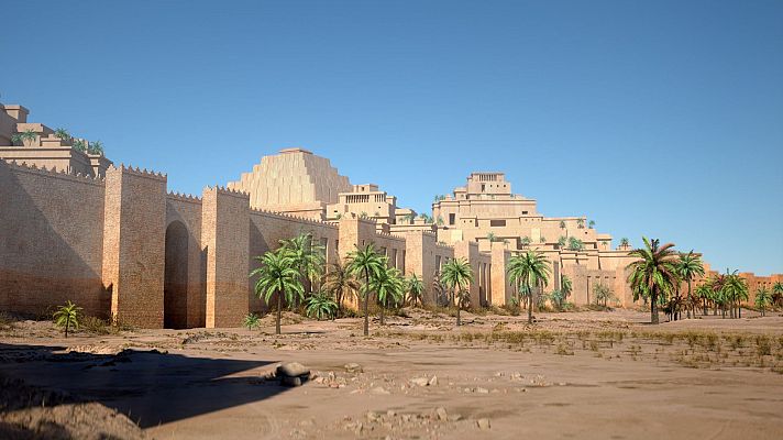 Reconstrucción digital de ciudad mesopotámica: muros de adobe, zigurats y palmeras en paisaje desértico. Vista previa del documental \"Somos Doc Mesopotamia\".