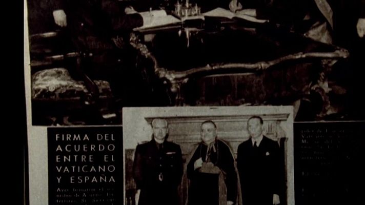 Collage fotográfico sobre la firma del Concordato entre España y el Vaticano.  Imágenes de la firma y retratos de los participantes, incluyendo un militar y un cardenal. Texto visible: \"FIRMA DEL ACUERDO ENTRE EL VATICANO Y ESPAÑA\".
