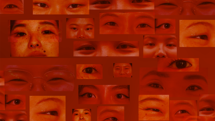 Collage de fotos de ojos y rostros, mayormente asiáticos, con tono rojizo.  Título: \"Mis ojos de china pr\".  Texto repetido: \"En portada\".