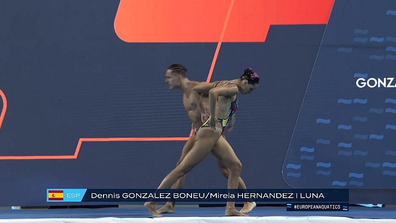 Denis González y Mireia Hernández, oro en rutina técnica de dúo mixto en los Europeos de natación artística