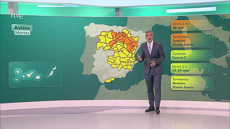 Tormentas fuertes en ambas mesetas, áreas aledañas, este peninsular, nordeste andaluz, medio Ebro e Ibérica - ver ahora