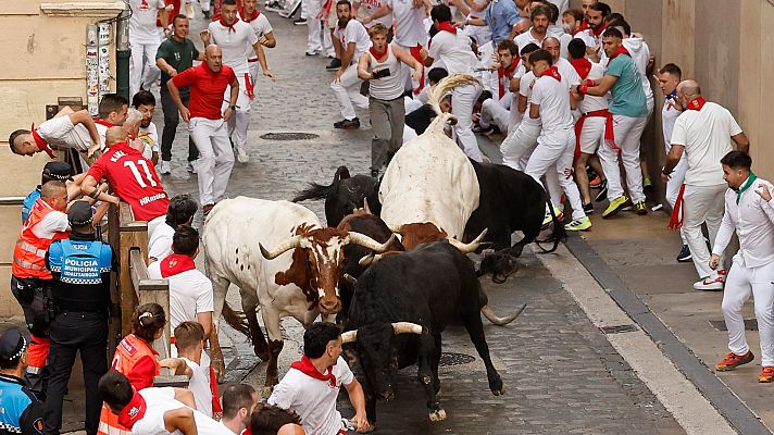Toros corriendo por una calle estrecha en un encierro.  Multitud participando, algunos corriendo delante de los toros, otros buscando refugio. Policías controlan la seguridad.