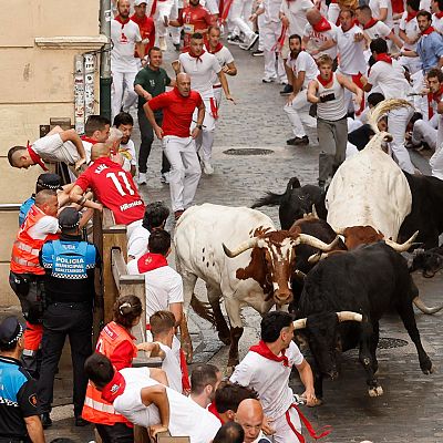 Toros corriendo por una calle estrecha en un encierro.  Multitud participando, algunos corriendo delante de los toros, otros buscando refugio. Policías controlan la seguridad.