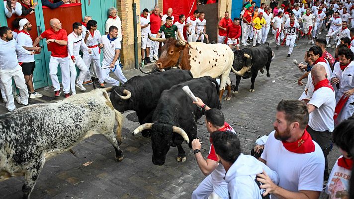 Multitud corriendo en una calle estrecha durante un encierro, esquivando toros marrones y negros.  Intensidad y peligro.