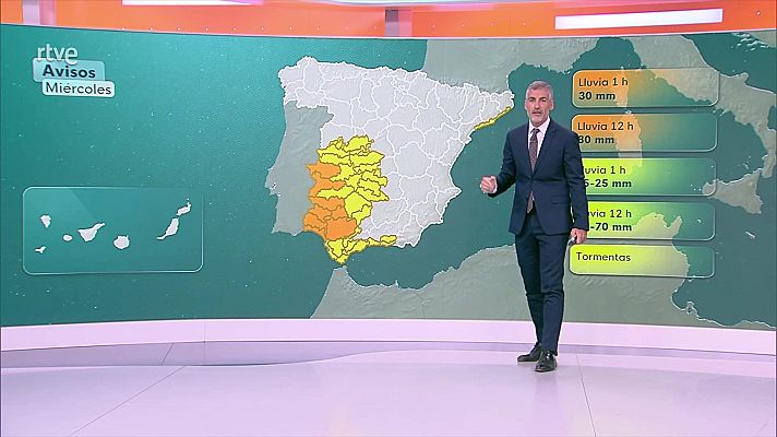El tiempo - Posibles precipitaciones fuertes y persistentes en el oeste de Extremadura y Andalucía a últimas horas