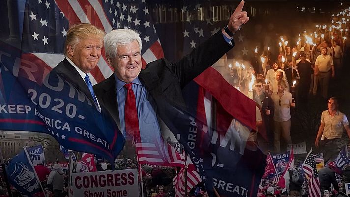 Un montaje muestra a Donald Trump y Newt Gingrich sobre una multitud que porta antorchas y banderas estadounidenses, con carteles y banderas de apoyo político, sugiriendo un evento o manifestación.