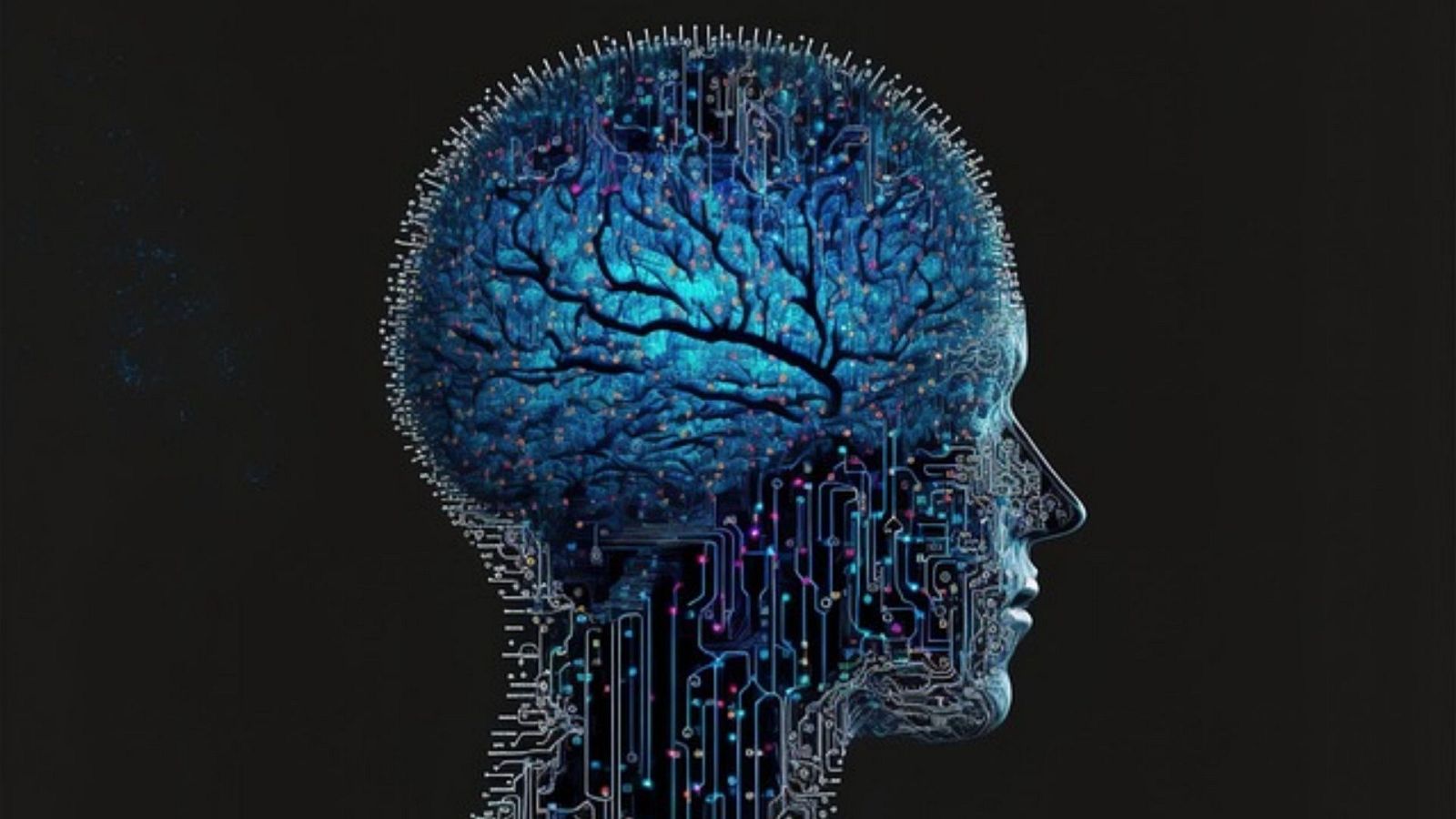Una imagen muestra una cabeza humana estilizada con un cerebro en forma de árbol azul y circuitos electrónicos. El fondo es negro y en la parte superior se lee un texto con números y letras.