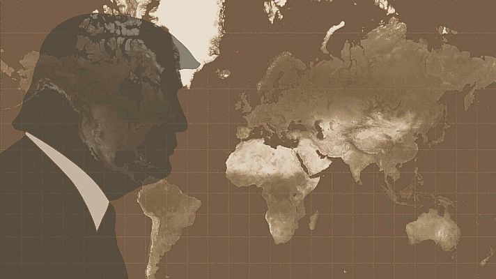 Una silueta en tonos sepia de una figura masculina de perfil, con un mapa del mundo en su interior y extendiéndose por el fondo, todo ello cubierto por una cuadrícula.