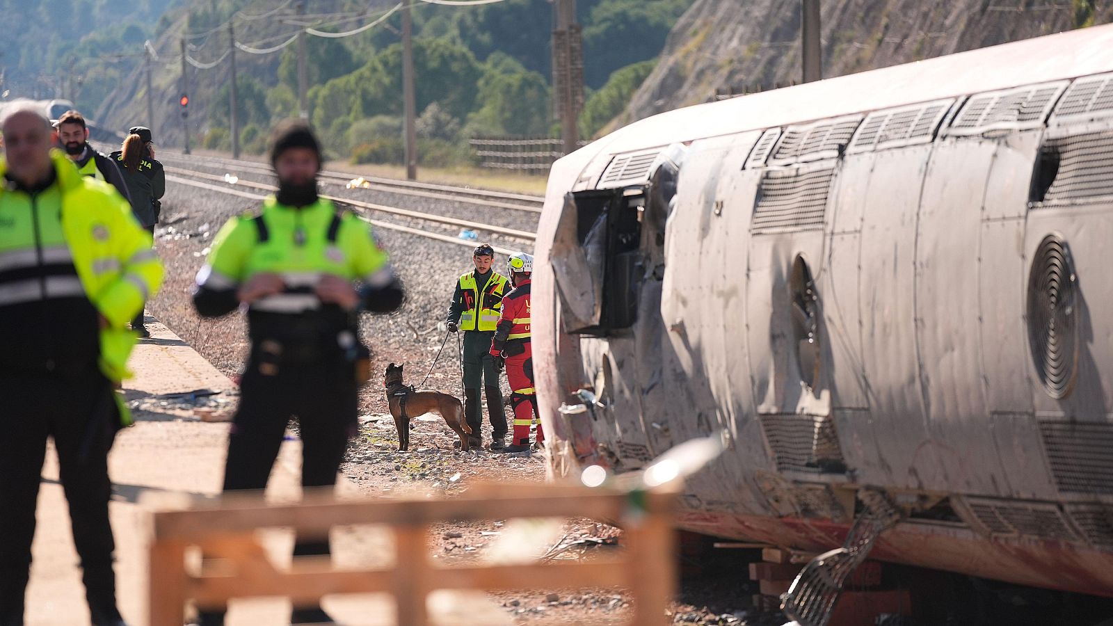 Los equipos de rescate tratan de recuperar los cuerpos de los trenes accidentados en Adamuz