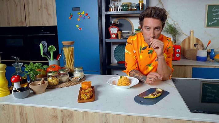 Cuina Brutal - Gambots cruixents, pasta cremosa de tomàquet i burrata i plàtan caramel·litzat amb xocolata