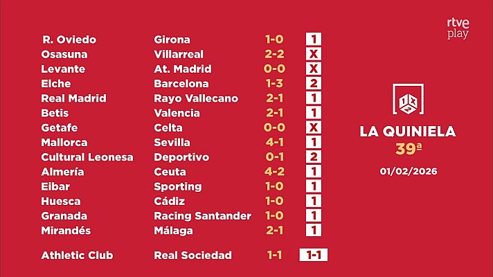 Loterías - Sorteo de la Quiniela del 03/02/2026 - Jornada 39
